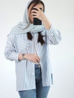 شومیز مانتویی لینن راه راه جلودکمه فرناز