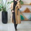 ترنچ کت آستردار یقه چرمی کتان