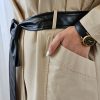 ترنچ کت آستردار یقه چرمی کتان
