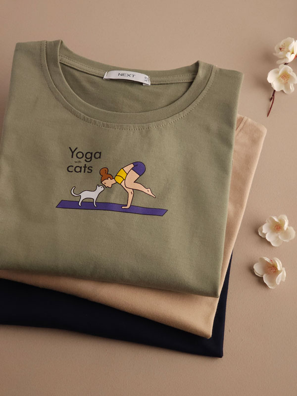 تیشرت نخ پنبه ‌‌Yoga with cats (ایراددار)